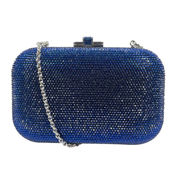 Judith Leiber Crystal Slide Lock Box Minaudiere Clutch Bag Navy Silver - Picture 3 of 13